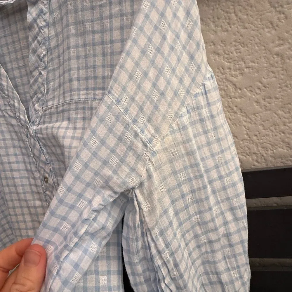Zara Basic Lightweight Gingham Check Button Front Blouse in Light Blue/White |XS
